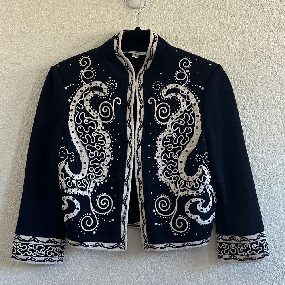 St John Navy Blue & White Embellished Bolero Jacket